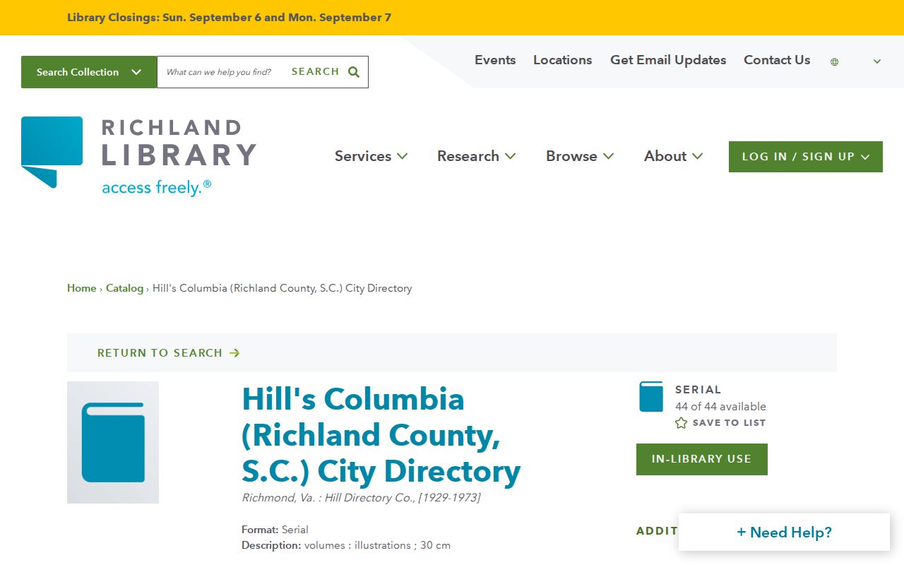 Richland County city directory screenshot of Hill's Columbia directory library holdings