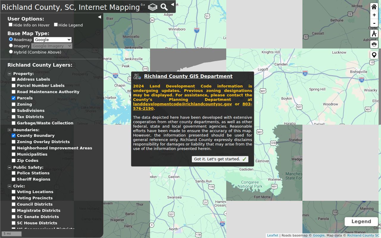 Richland County ZIP code directory GIS Dataviewer with parcel and boundary layers