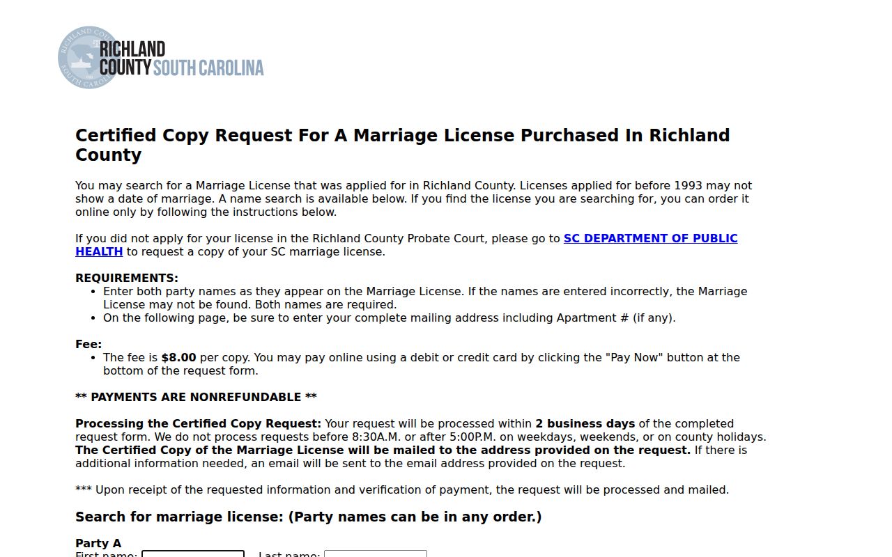 Richland County residents directory marriage record search form