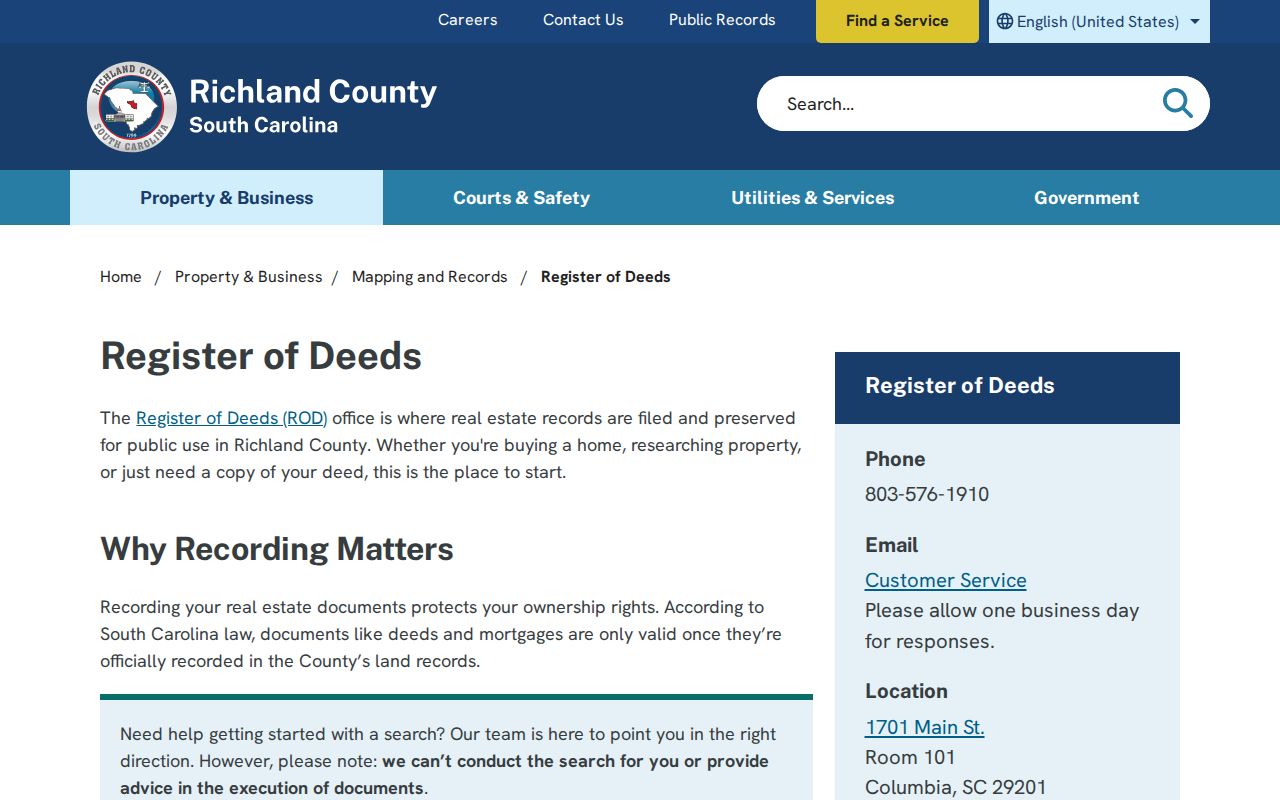 Richland County residents directory Register of Deeds access page