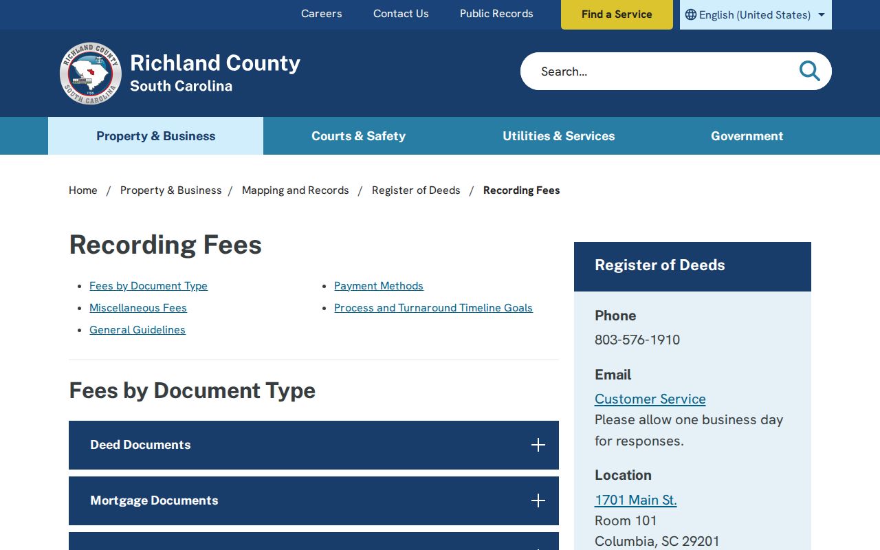 Richland County residents directory Register of Deeds fee schedule