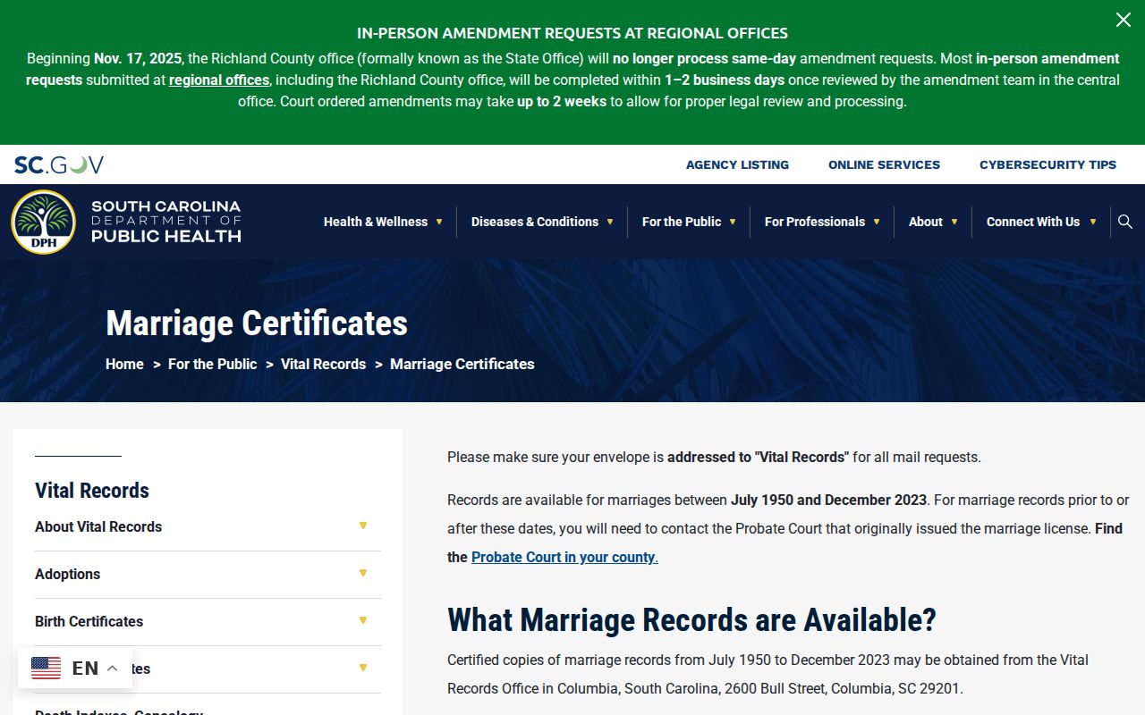 Richland County resident lookup South Carolina DPH marriage certificate application